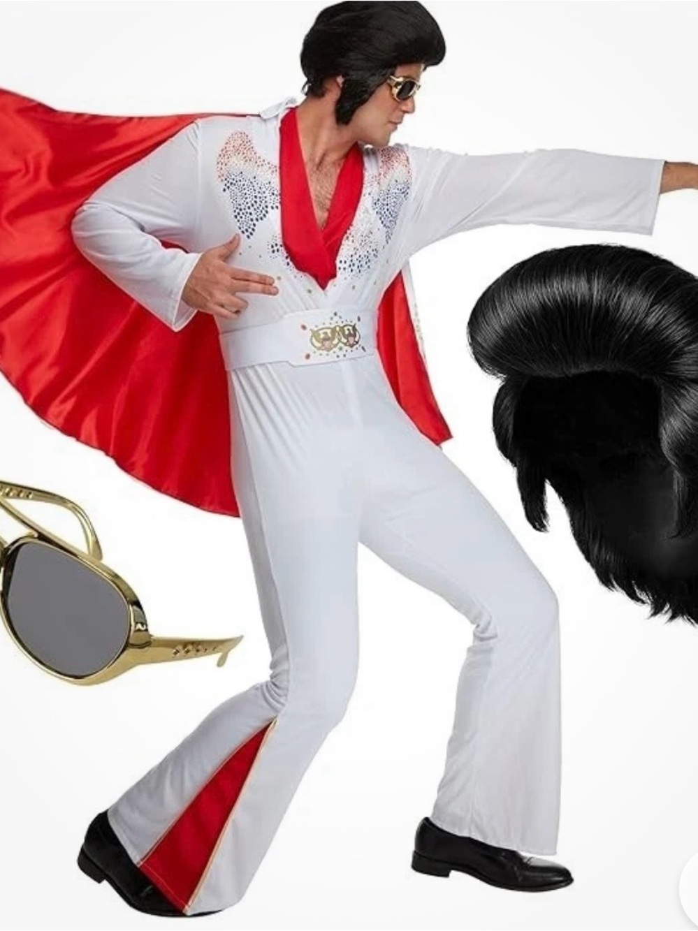 Men`s 1950s Rock Star Costume Wig Glasses Elvis Rock n Roll King Disco Jumpsuit
